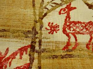 着物・帯 ] - 名古屋帯 リサイクル 手織り紬色紙に動物・抽象草花模様